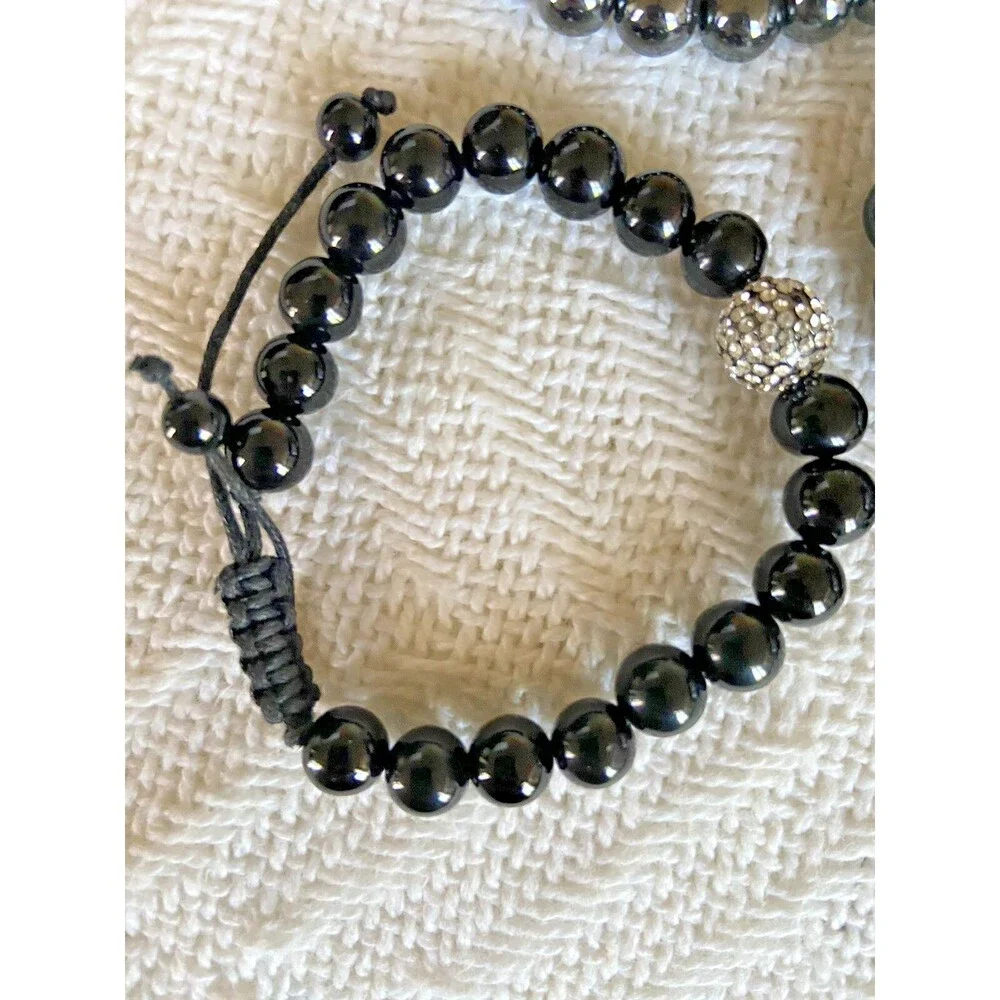 Unisex Black Beaded Onyx Bracelet, Set of 3, Rhinestone Ball, Adjustable Close